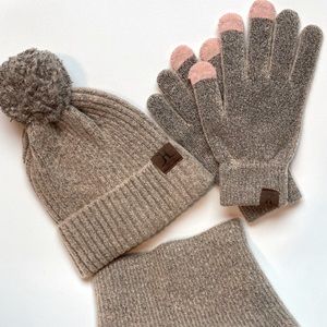 Beige/Pink Winter set - Hat, Gloves and Scarf